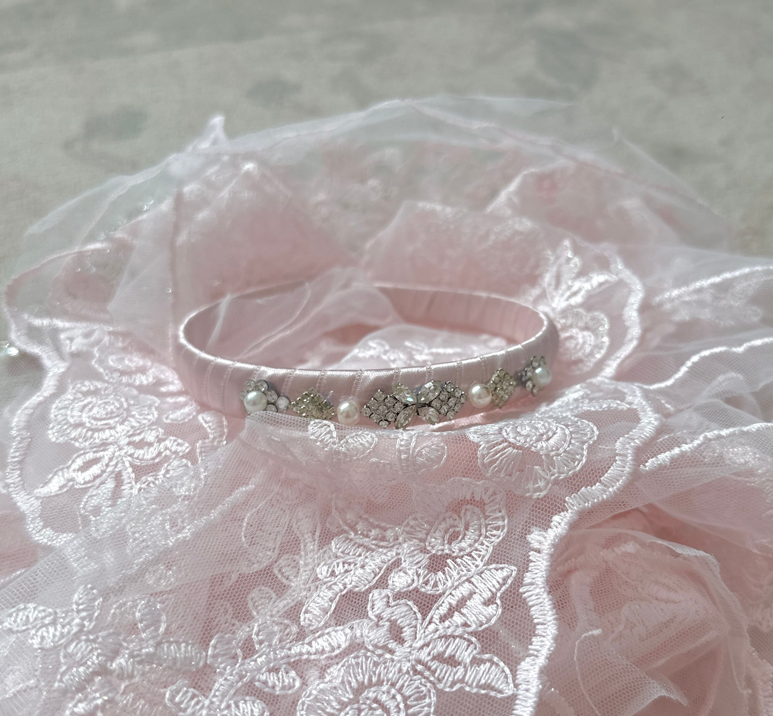 The “Lilibet” Vintage Jewels Pink Satin Headband