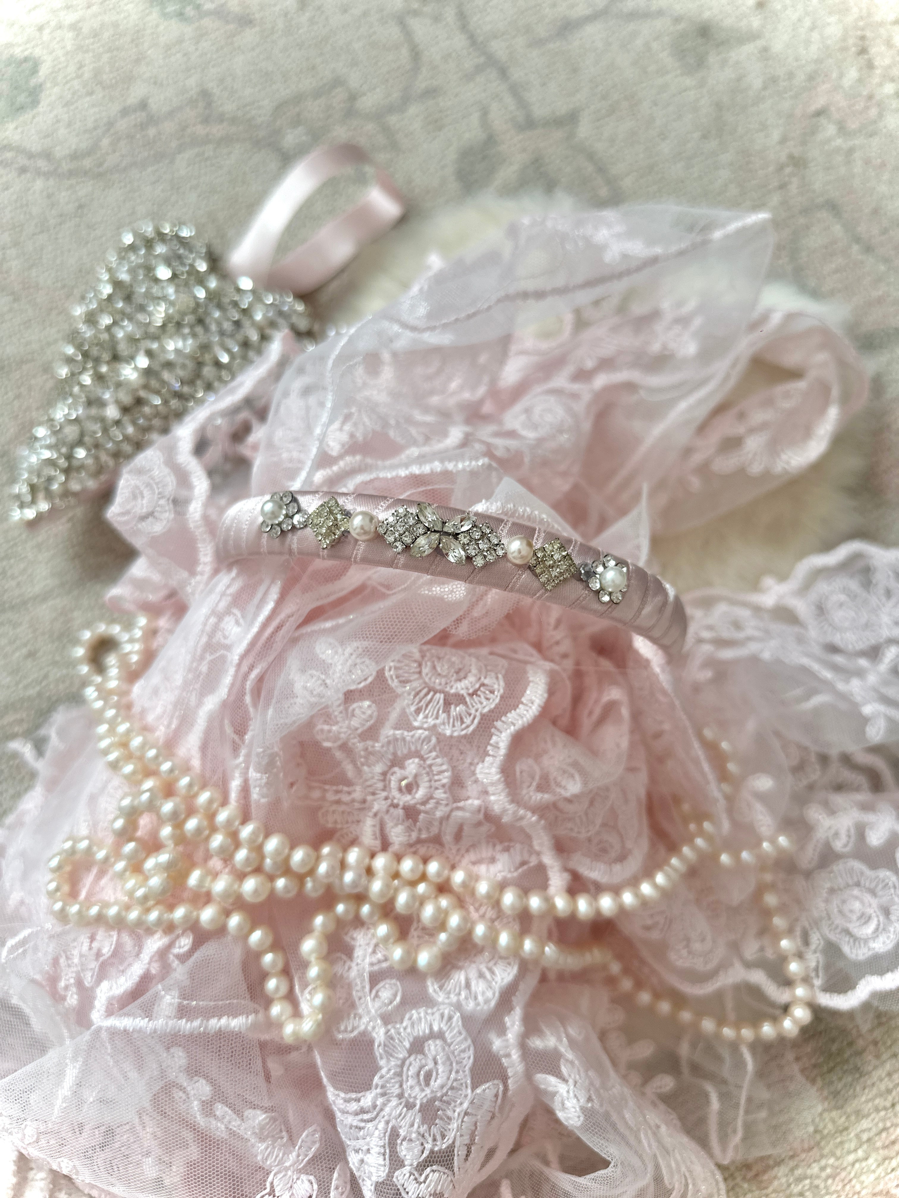 The “Lilibet” Vintage Jewels Pink Satin Headband