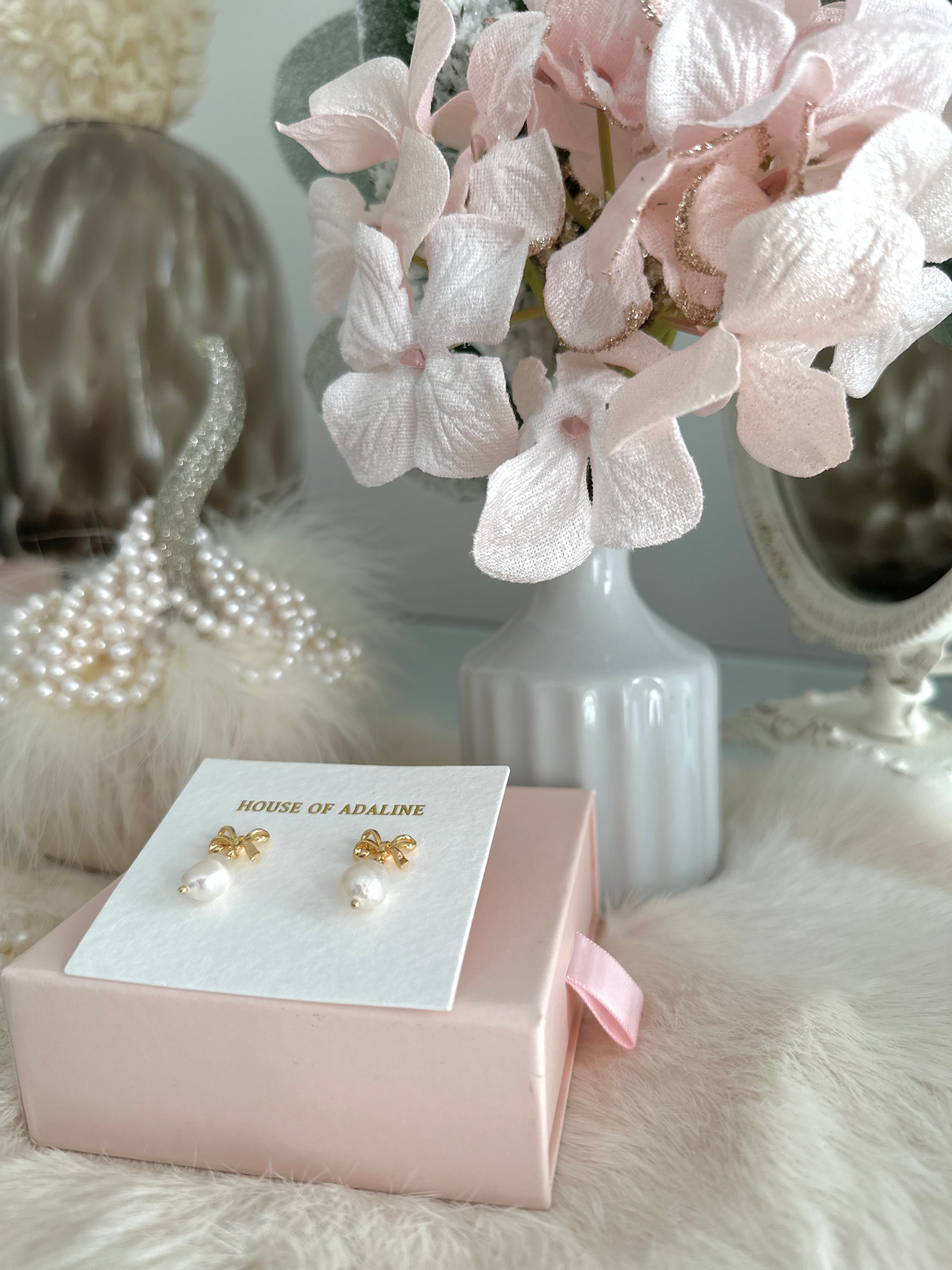 The “Dainty Bow” Pearl Drop Earrings