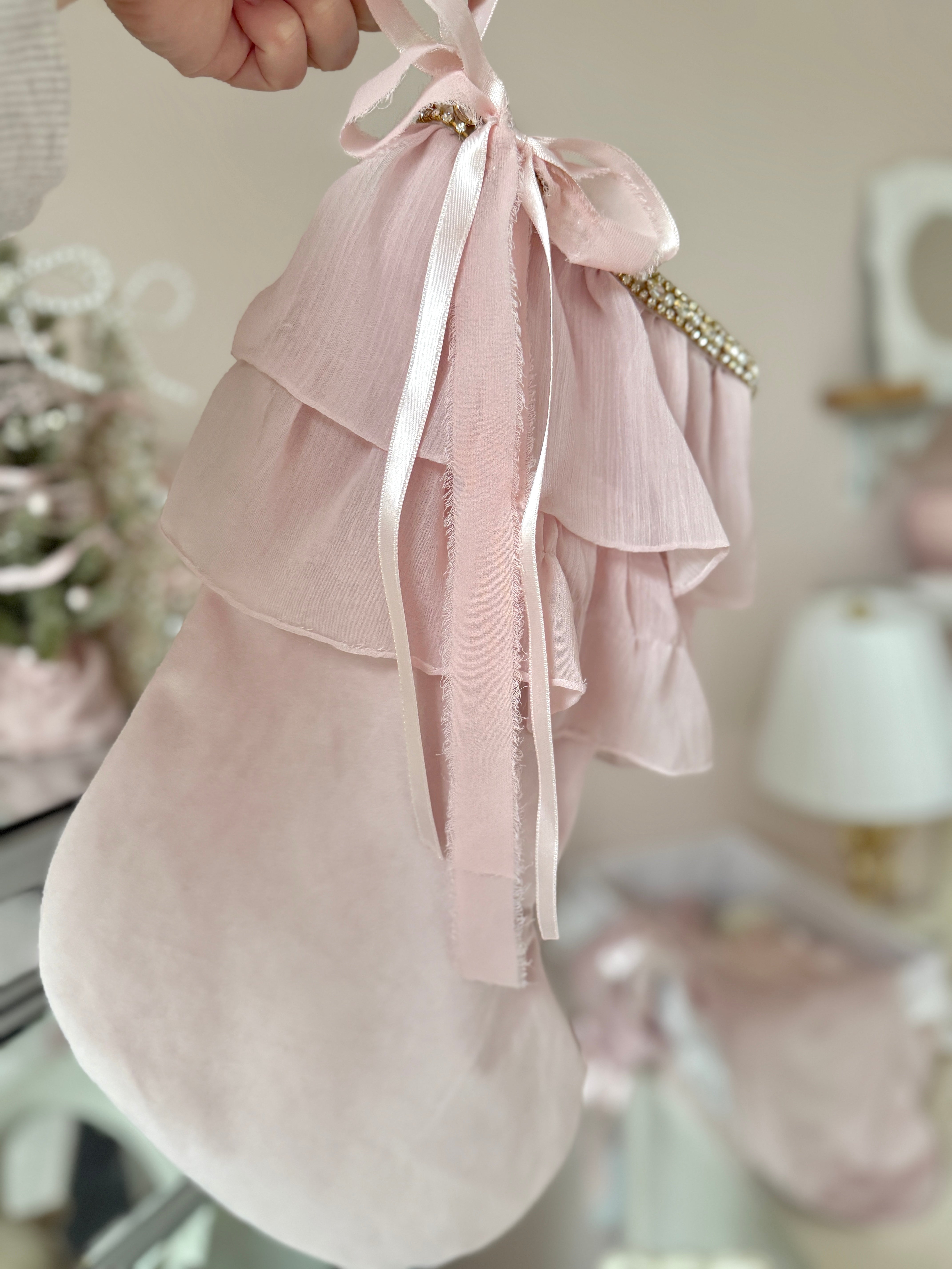 The "Rhinestone Ruffles” Pink Velvet Christmas Stocking