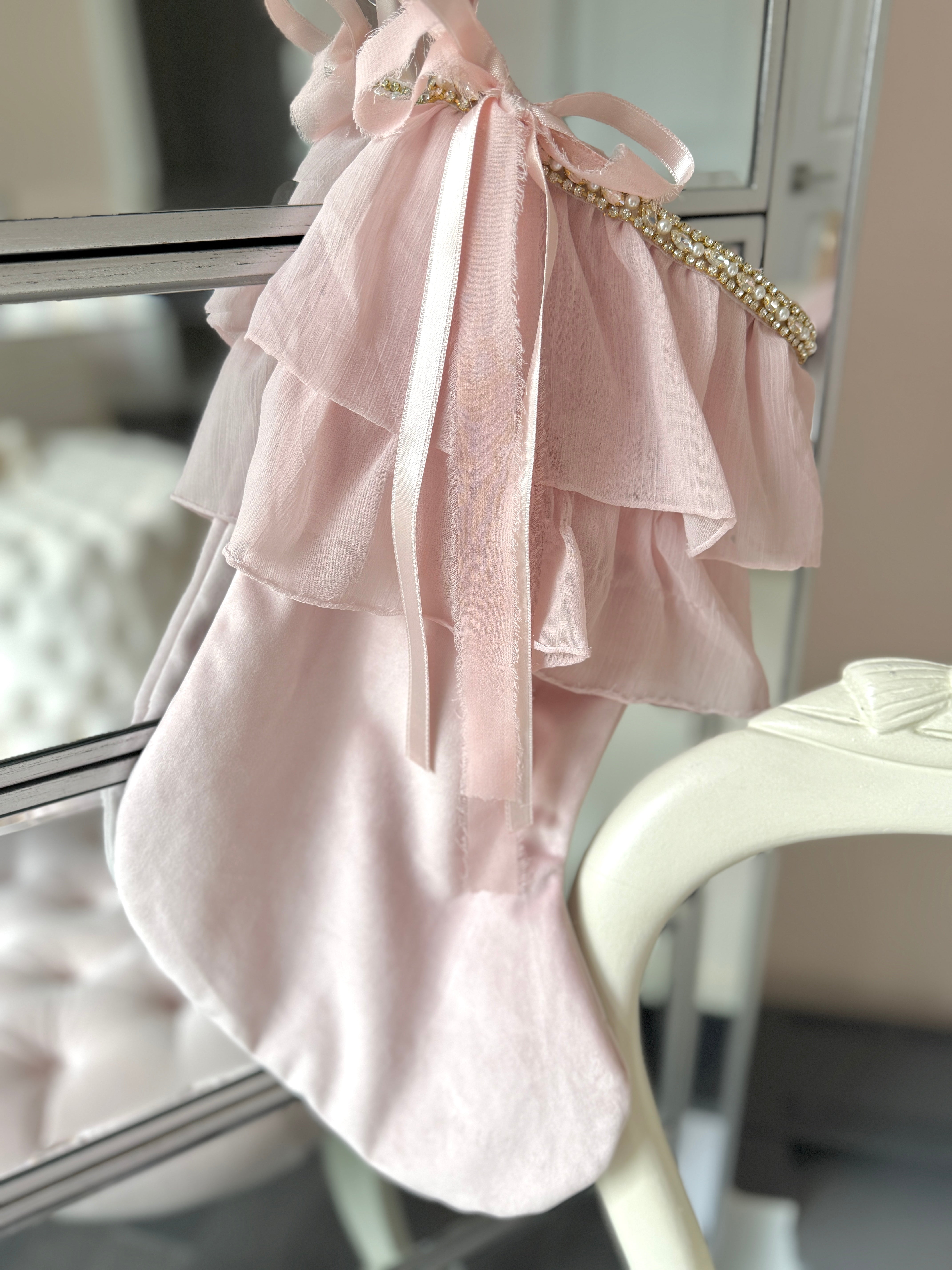 The "Rhinestone Ruffles” Pink Velvet Christmas Stocking